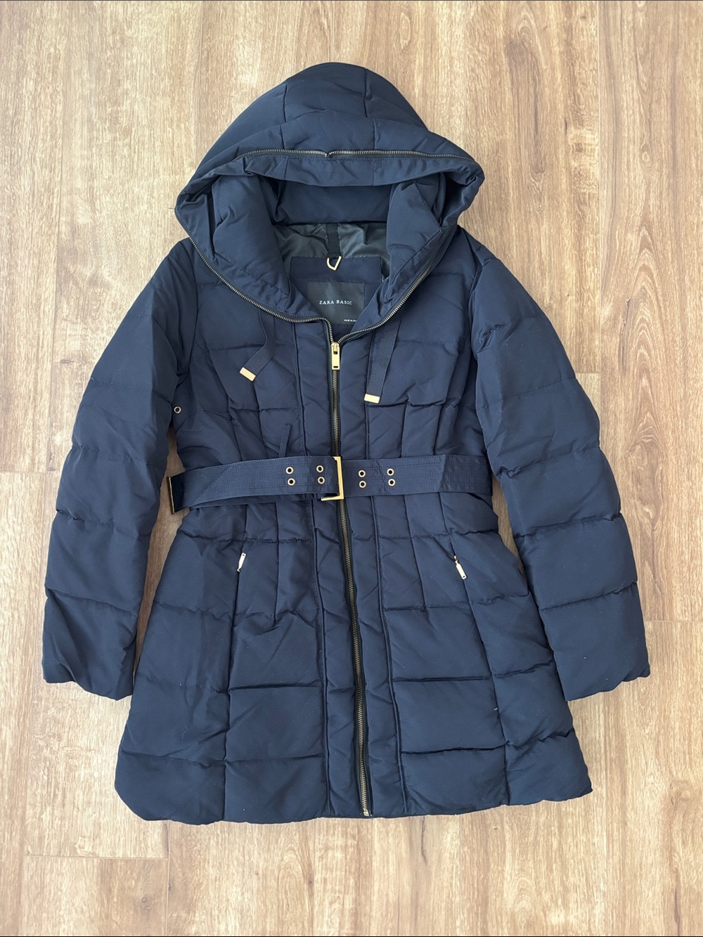 Zara Dark Blue Hooded Belted duck down Puffer Coat